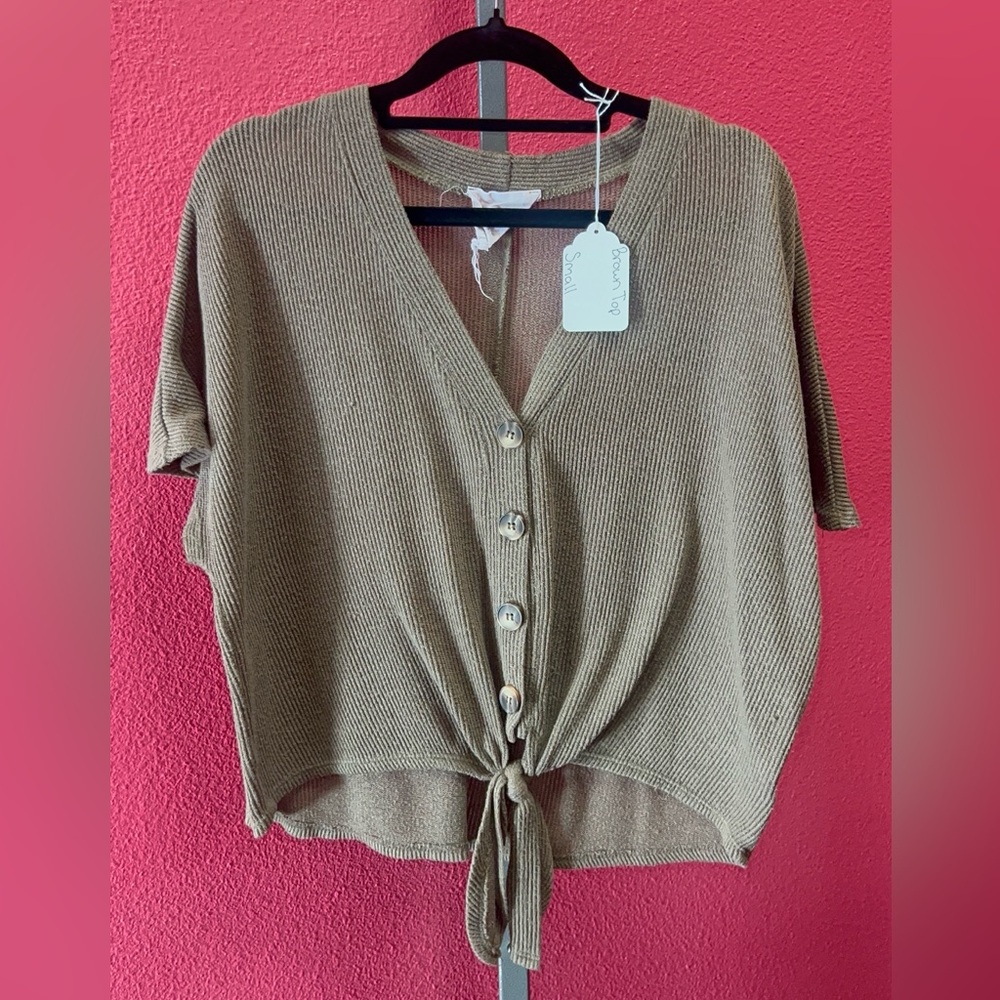 Love Tree Tan Knot-Front Ribbed Button Top